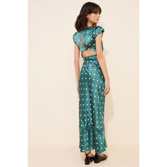 Free People - Women's Green Butterfly Satin Polka Dot Maxi Dress w/ lace, Size M - Picture 3 of 12